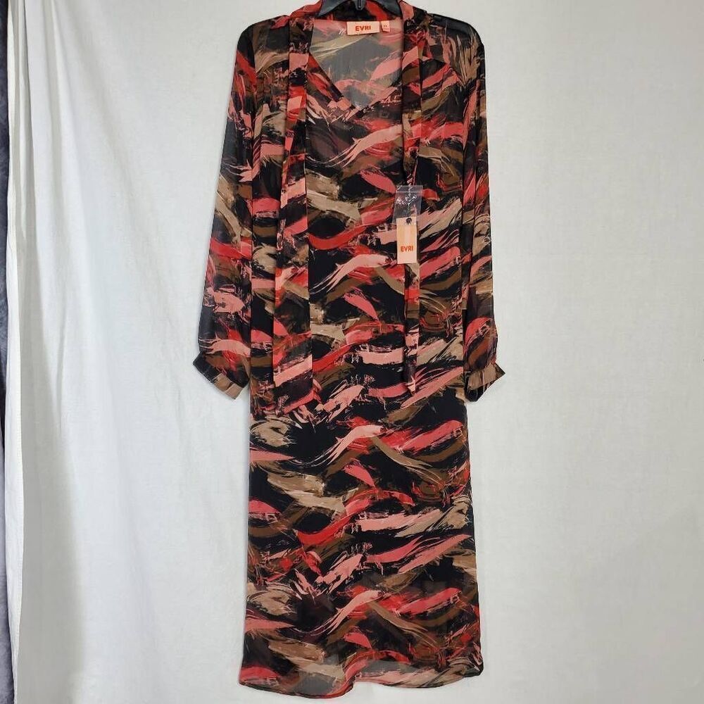 EVRI Women’s Midi Dress 0X Plus Multicolor Abstract Long Sleeve NWT